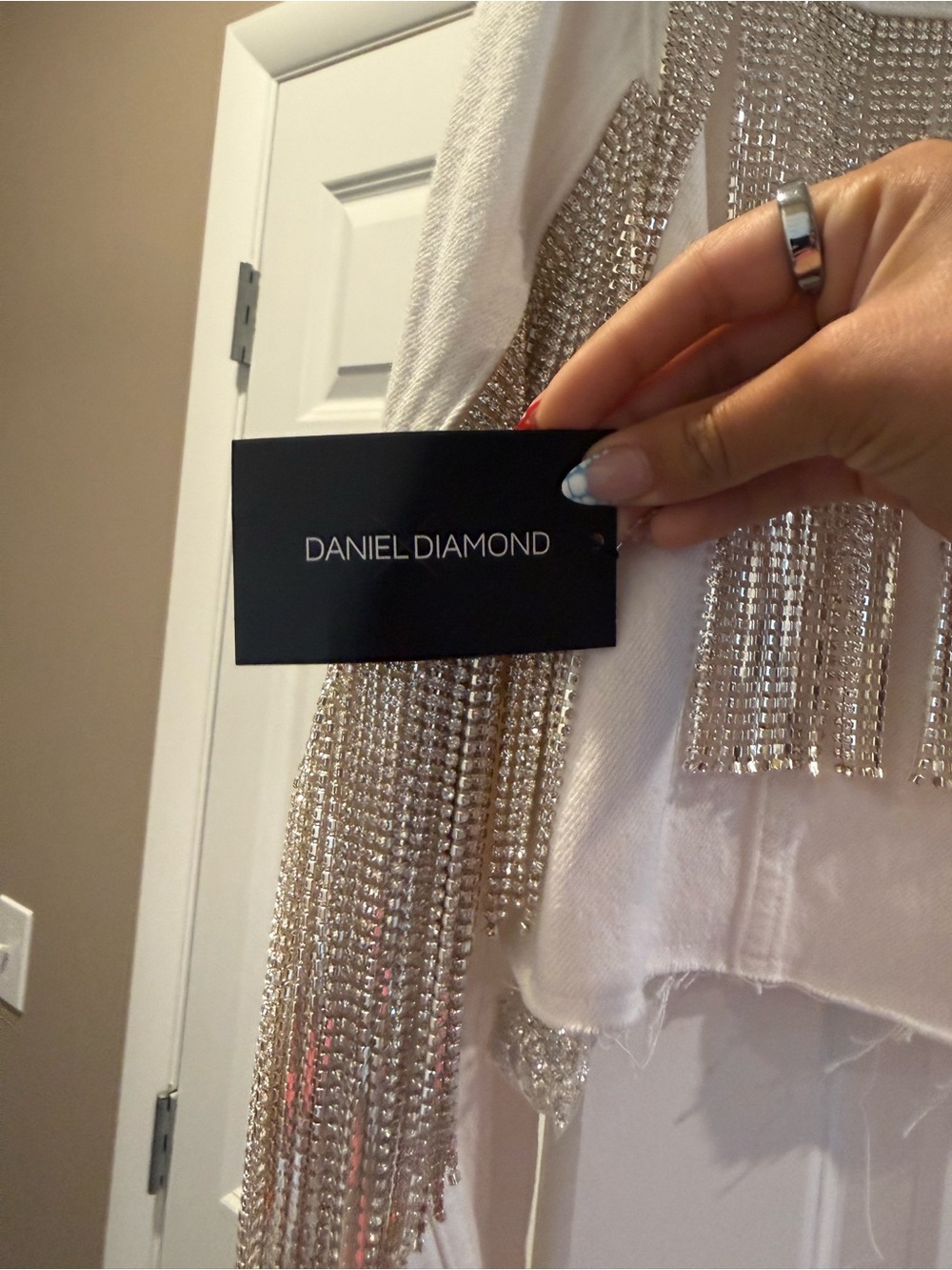 Women’s White Jean Jacket with Silver Chain Fringe
